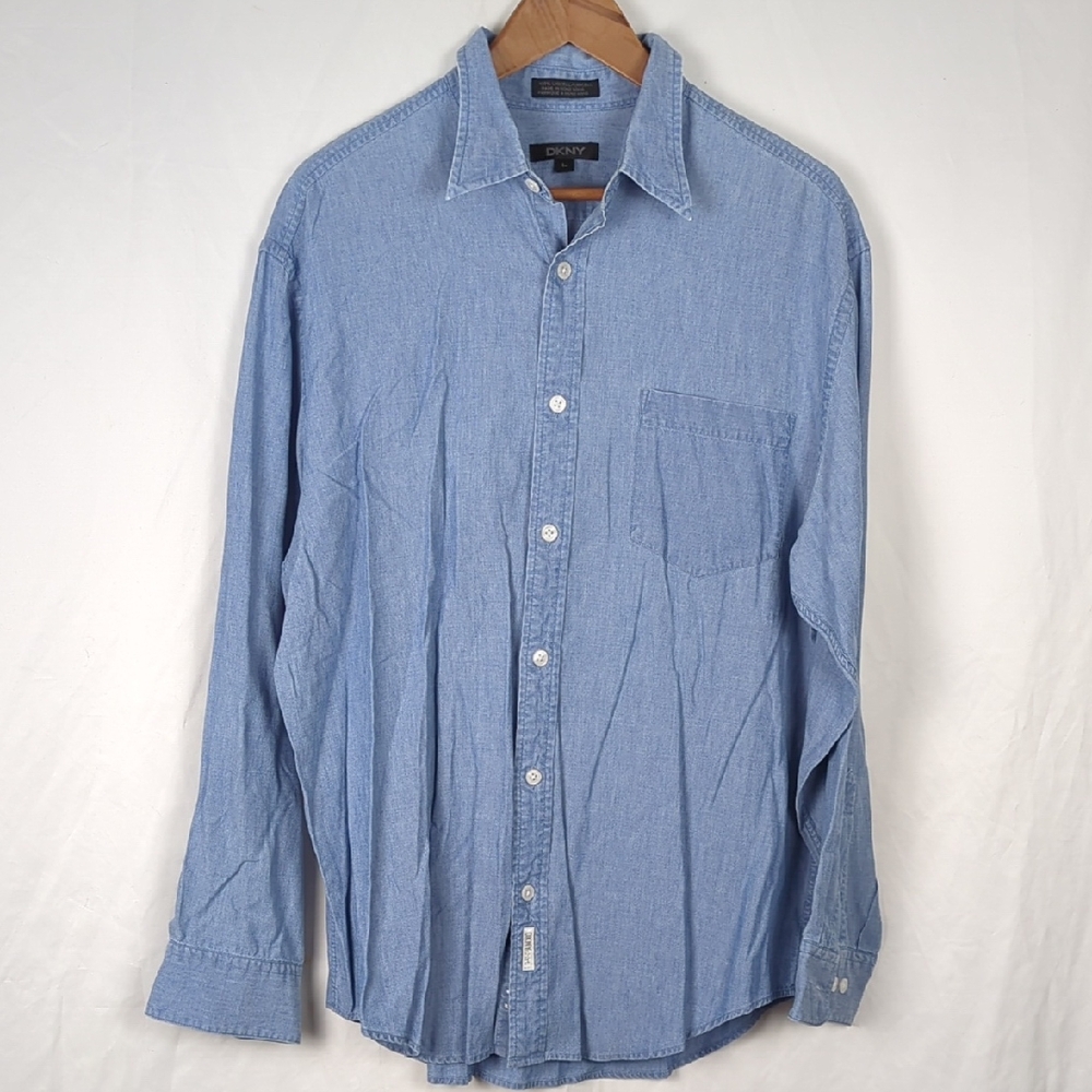 DKNY Men's Large Solid Blue Button Down Collared Shirt